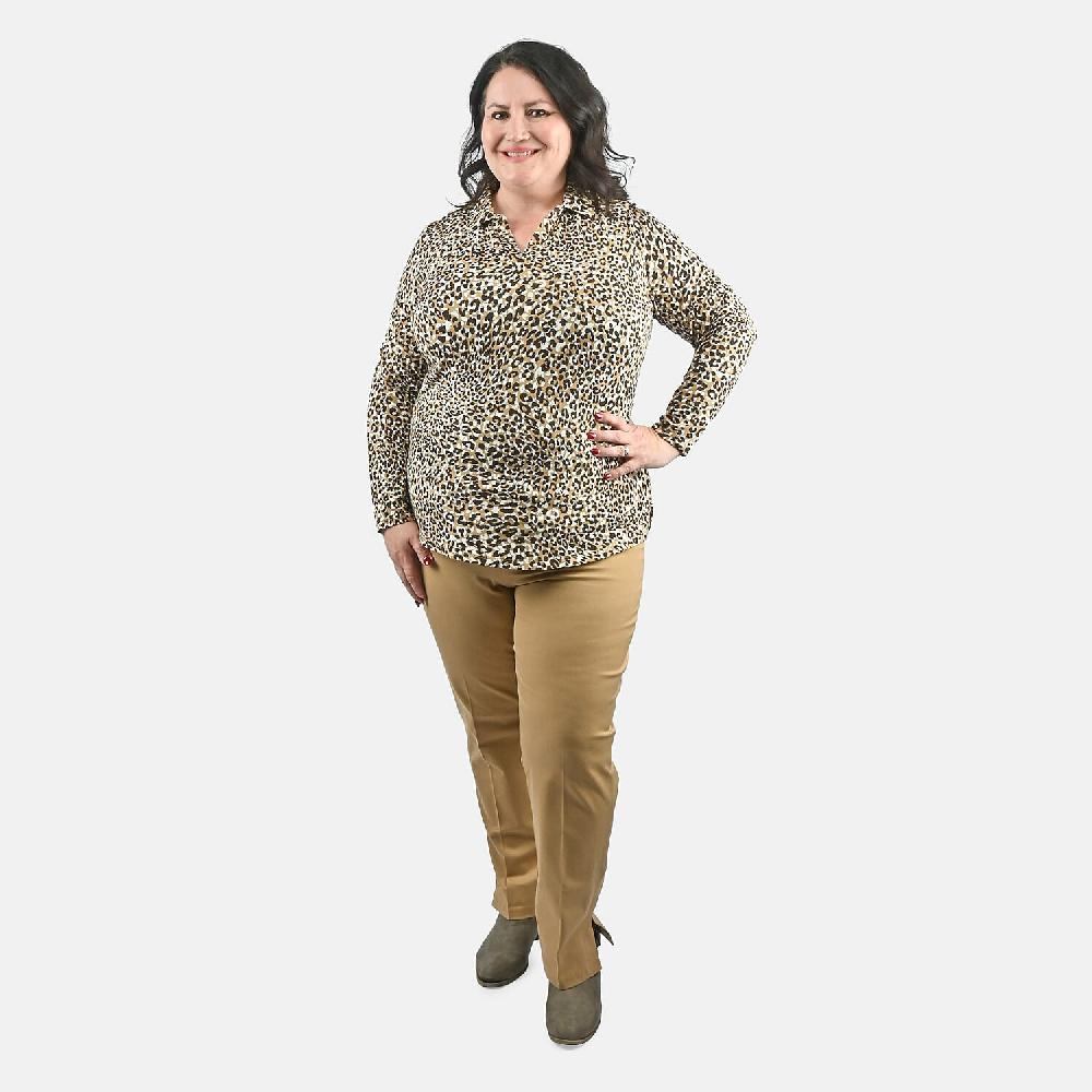 shop lc Isaac Mizrahi Natural Leopard Split-Neck Collared Top - 2X