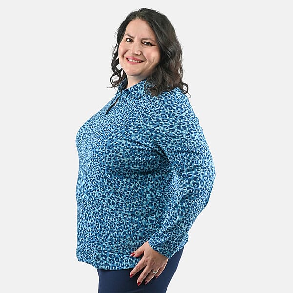 Shop Lc Isaac Mizrahi Teal Leopard Split-Neck Collared Top - 1X