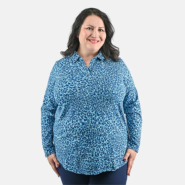 Shop Lc Isaac Mizrahi Teal Leopard Split-Neck Collared Top - 1X