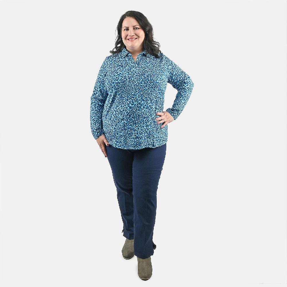 shop lc Isaac Mizrahi Teal Leopard Split-Neck Collared Top - 1X