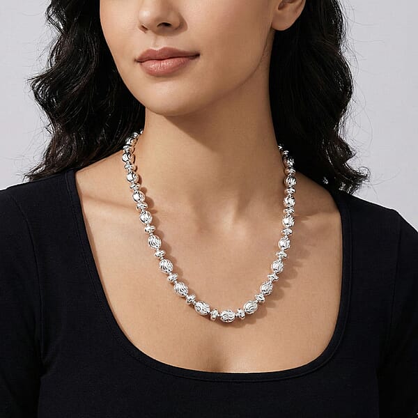 Shop Lc Italian Rhodium Over Sterling Silver Moon-cut Beaded Chain Necklace (20 Inches) (15.51 Grams)