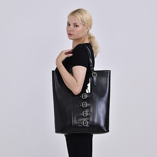 Shop Lc Italy Retro Noble Collection Black Genuine Leather Tote Bag With Small Cosmetic Bag