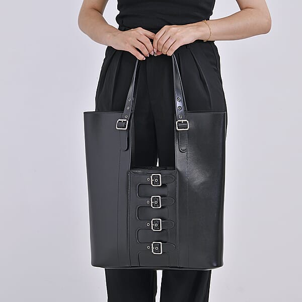 Shop Lc Italy Retro Noble Collection Black Genuine Leather Tote Bag With Small Cosmetic Bag