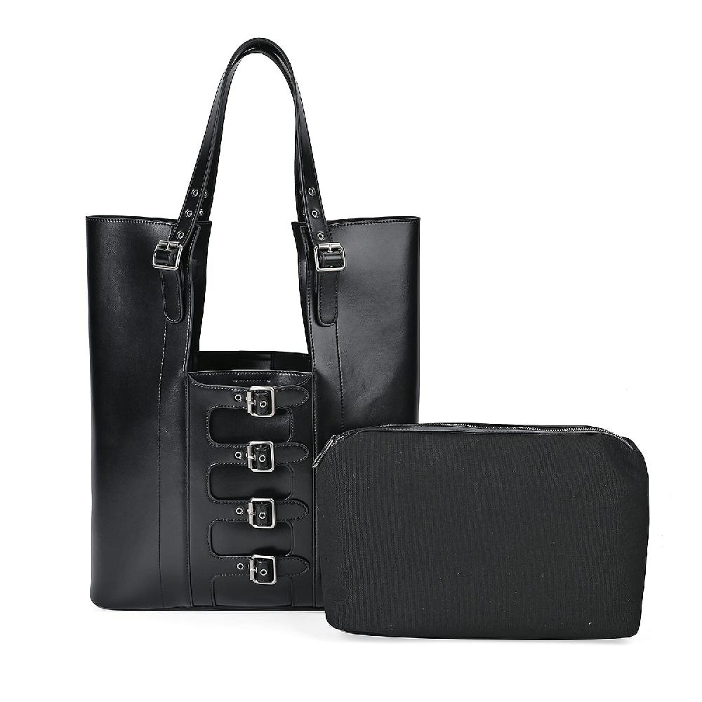 shop lc Italy Retro Noble Collection Black Genuine Leather Tote Bag with Small Cosmetic Bag
