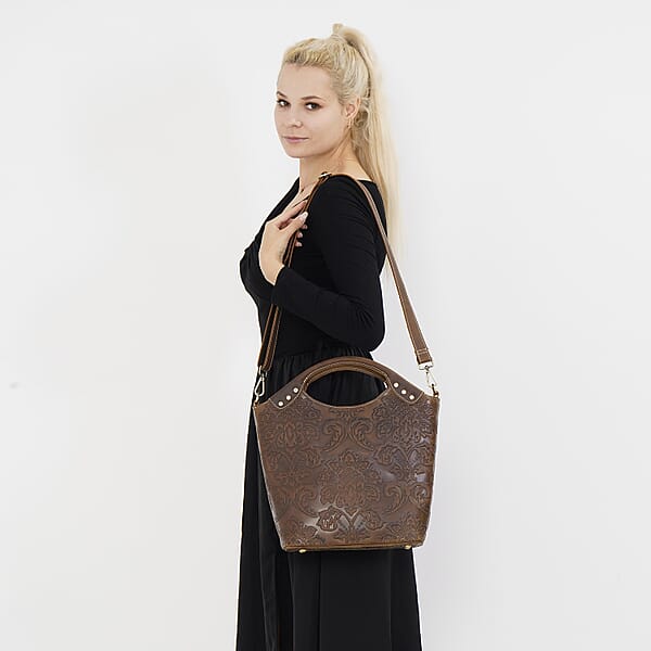 Shop Lc Italy Retro Noble Collection Brown Color Genuine Leather Crossbody Bag With Handle Drop And Shoulder Strap