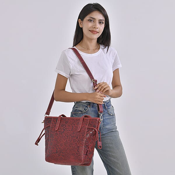Shop Lc Italy Retro Noble Collection Burgundy Genuine Leather Floral Embossed Crossbody Bag With Shoulder Strap