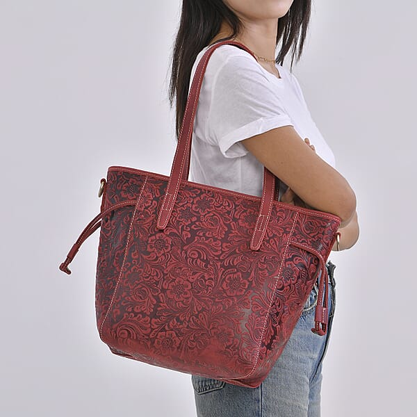 Shop Lc Italy Retro Noble Collection Burgundy Genuine Leather Floral Embossed Crossbody Bag With Shoulder Strap
