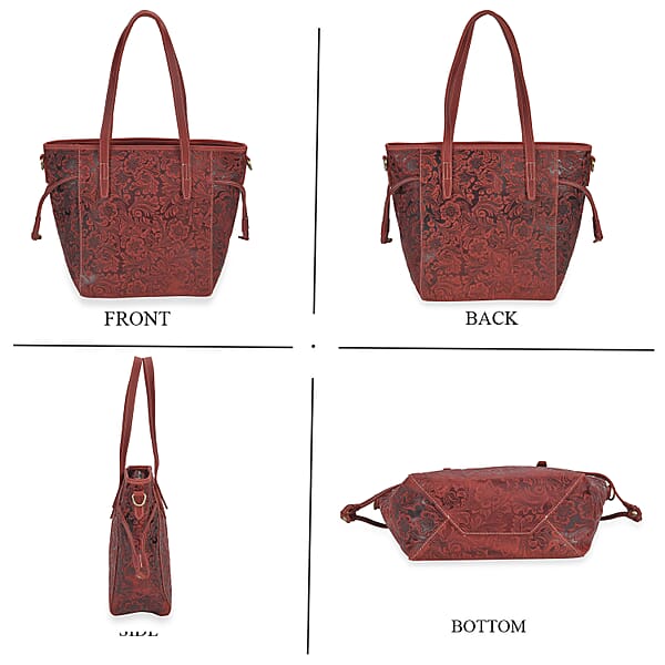 Shop Lc Italy Retro Noble Collection Burgundy Genuine Leather Floral Embossed Crossbody Bag With Shoulder Strap