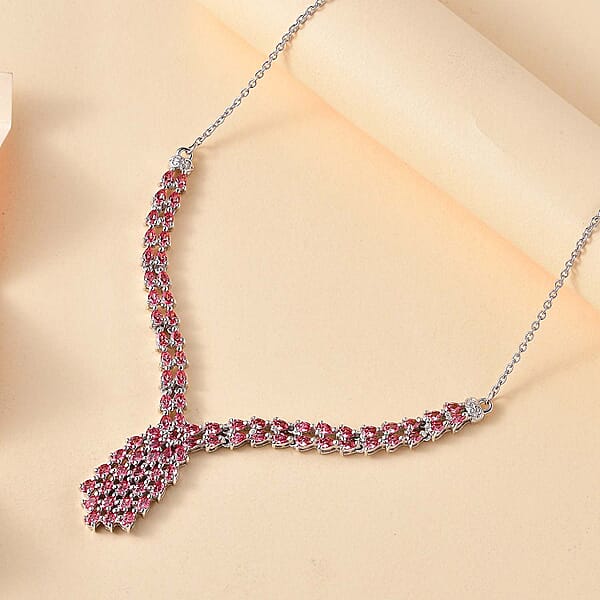 Shop Lc J Francis Embellished With Fancy Pink Zirconia By Swarovski 6.25 Ctw Waterfall Necklace In Rhodium Over Sterling Silver 18 Inches