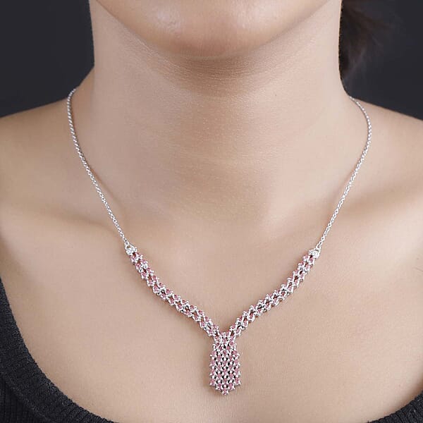 Shop Lc J Francis Embellished With Fancy Pink Zirconia By Swarovski 6.25 Ctw Waterfall Necklace In Rhodium Over Sterling Silver 18 Inches