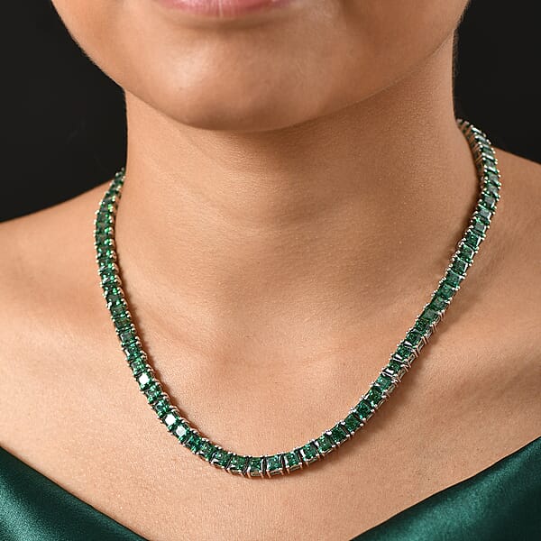 Shop Lc J Francis Embellished With Green Zirconia By Swarovski 56.90 Ctw Iconic Tennis Necklace 18 Inches In Rhodium Over Sterling Silver