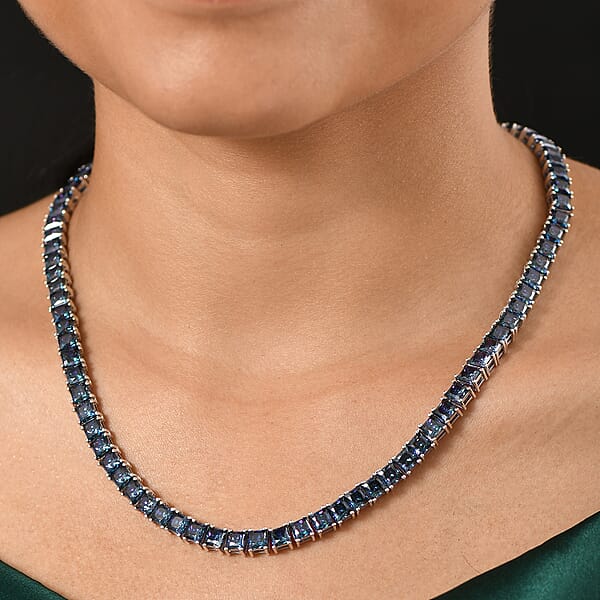 Shop Lc J Francis Embellished With Rainbow Blue Zirconia By Swarovski 101.00 Ctw Iconic Tennis Necklace 18 Inches In Rhodium Over Sterling Silver