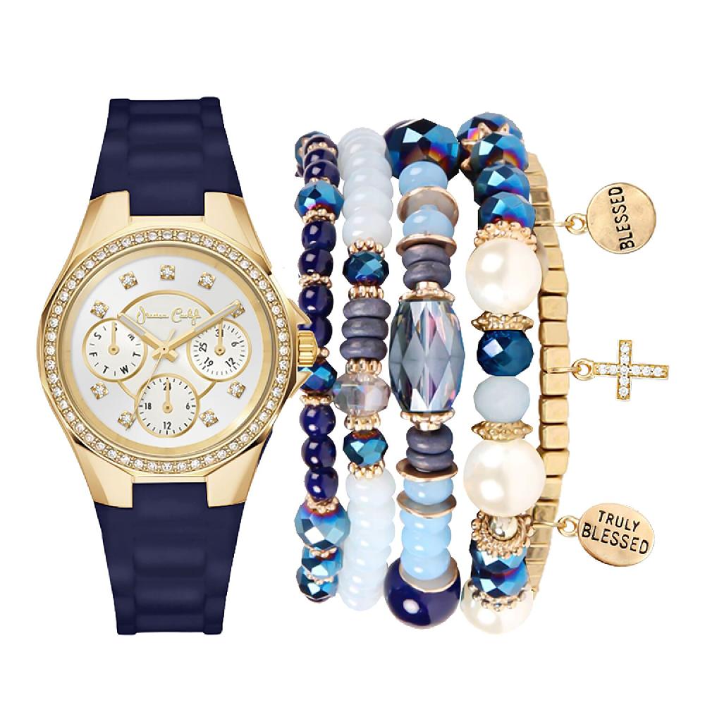 shop lc Jessica Carlyle Women's Matte Navy Silicone Strap 35mm Analog Watch & Coordinating Stackable Bracelet Set