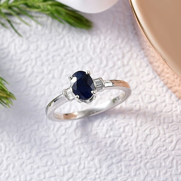 Shop Lc Kanchanaburi Blue Sapphire (DF) And Luxuriant Lab Grown Diamond 1.15 Ctw Ring In Rhodium Over Sterling Silver