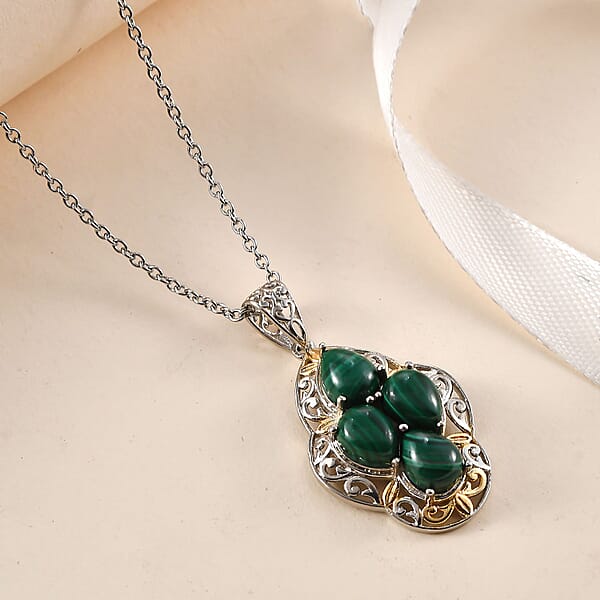 Shop Lc Karis African Malachite 6.40 Ctw Solitaire Pendant In 18K YG Plated And Platinum Bond And Stainless Steel Necklace 20 Inches