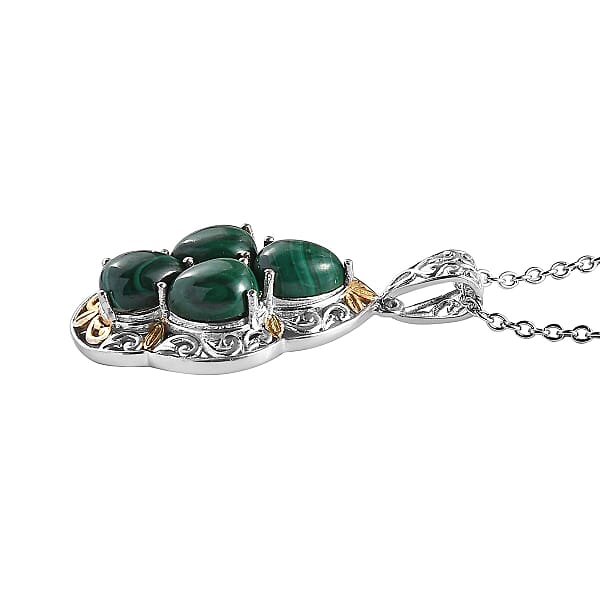Shop Lc Karis African Malachite 6.40 Ctw Solitaire Pendant In 18K YG Plated And Platinum Bond And Stainless Steel Necklace 20 Inches