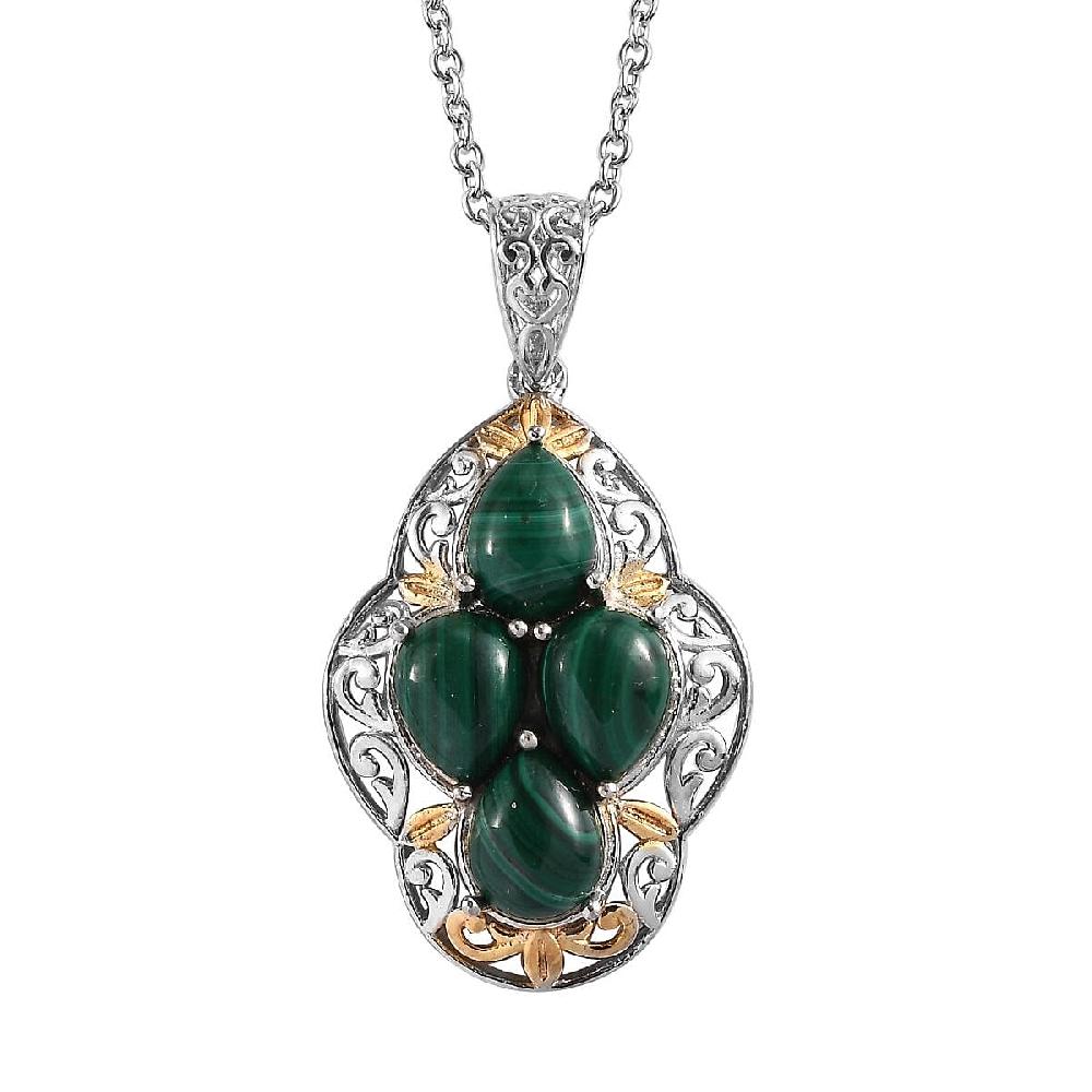 shop lc Karis African Malachite 6.40 ctw Solitaire Pendant in 18K YG Plated and Platinum Bond and Stainless Steel Necklace 20 Inches