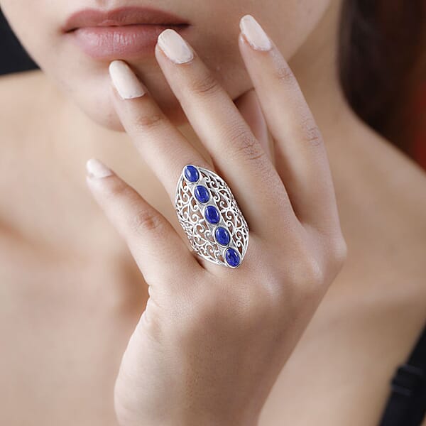 Shop Lc Karis Lapis Lazuli Openwork Elongated Ring In Platinum Bond 3.25 Ctw