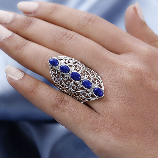 Shop Lc Karis Lapis Lazuli Openwork Elongated Ring In Platinum Bond 3.25 Ctw