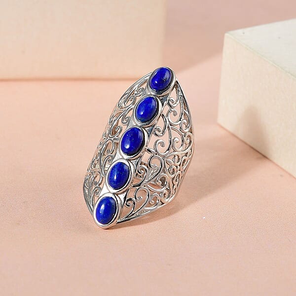 Shop Lc Karis Lapis Lazuli Openwork Elongated Ring In Platinum Bond 3.25 Ctw