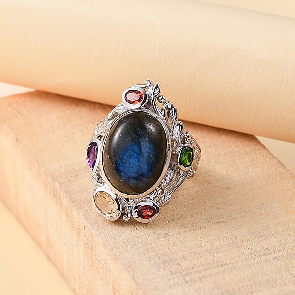 Shop Lc Karis Malagasy Labradorite And Multi Gemstone 12.40 Ctw Celestial Garden Ring In Platinum Bond