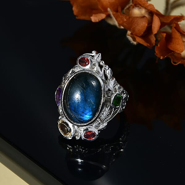 Shop Lc Karis Malagasy Labradorite And Multi Gemstone 12.40 Ctw Celestial Garden Ring In Platinum Bond