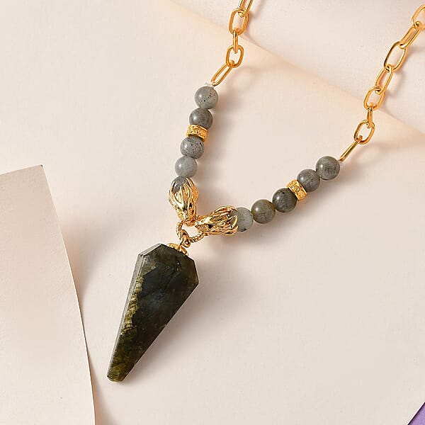 Shop Lc Karis Malagasy Labradorite And Thai Black Spinel 68.10 Ctw Paper Clip Chain Dragon Necklace In 18K YG Plated 18-20 Inches