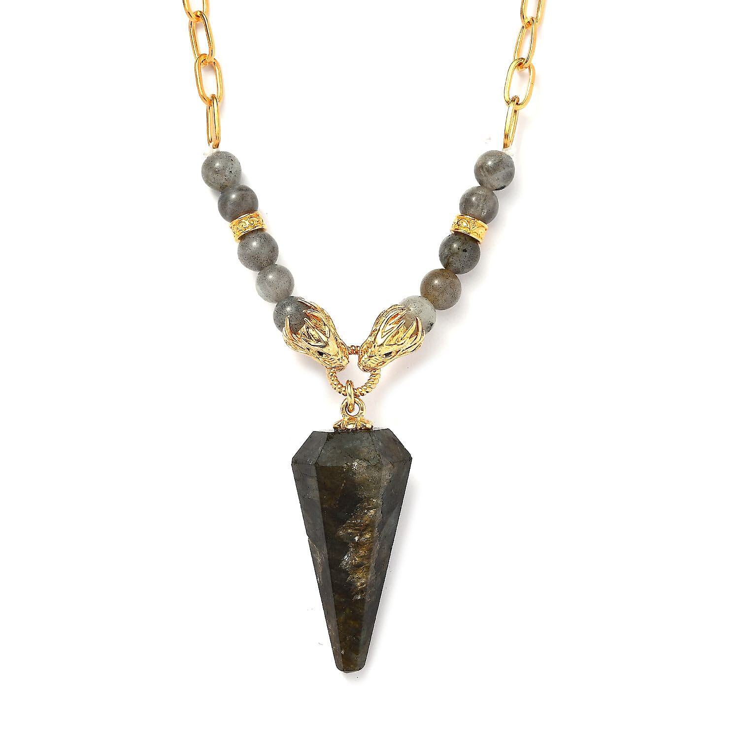 shop lc Karis Malagasy Labradorite and Thai Black Spinel 68.10 ctw Paper Clip Chain Dragon Necklace in 18K YG Plated 18-20 Inches