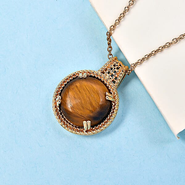 Shop Lc Karis Tiger's Eye 11.50 Ctw Solitaire Pendant Necklace In 18K YG Plated With ION Plated YG Stainless Steel 20 Inches