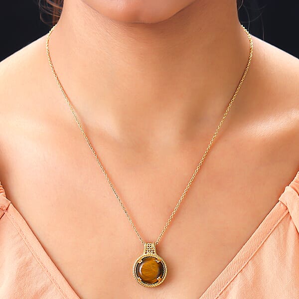 Shop Lc Karis Tiger's Eye 11.50 Ctw Solitaire Pendant Necklace In 18K YG Plated With ION Plated YG Stainless Steel 20 Inches