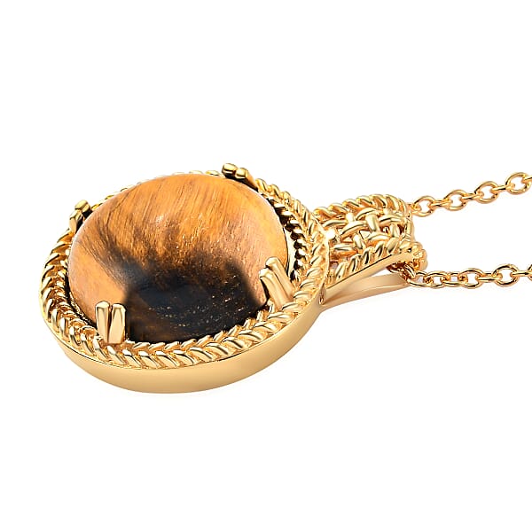 Shop Lc Karis Tiger's Eye 11.50 Ctw Solitaire Pendant Necklace In 18K YG Plated With ION Plated YG Stainless Steel 20 Inches