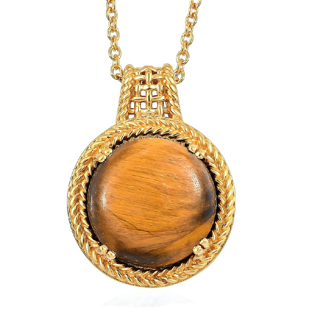 shop lc Karis Tiger's Eye 11.50 ctw Solitaire Pendant Necklace in 18K YG Plated with ION Plated YG Stainless Steel 20 Inches