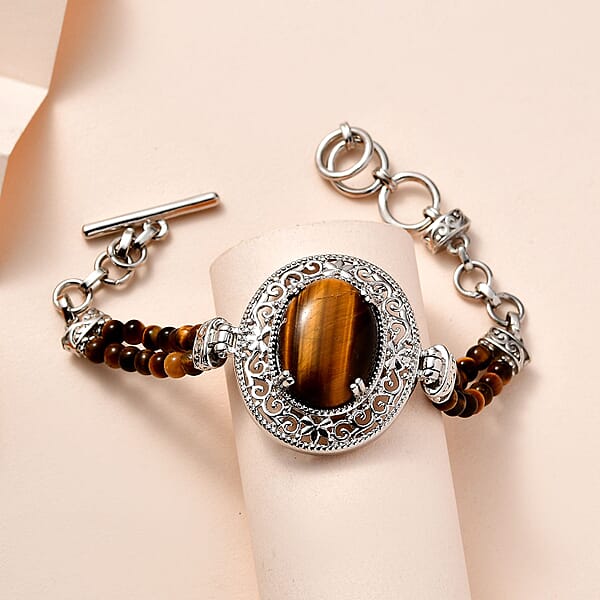 Shop Lc Karis Tiger's Eye 26.00 Ctw Toggle Clasp Bracelet In Platinum Bond & Stainless Steel (6.50 In) With Extender