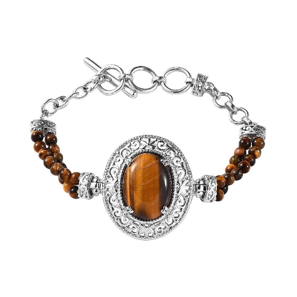 shop lc Karis Tiger's Eye 26.00 ctw Toggle Clasp Bracelet in Platinum Bond & Stainless Steel (6.50 In) with Extender