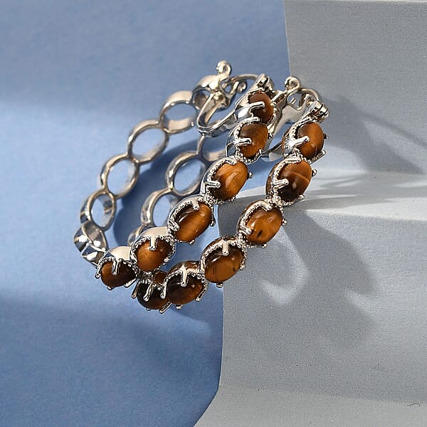Shop Lc Karis Tiger's Eye 7.35 Ctw Hoop Earrings In Platinum Bond