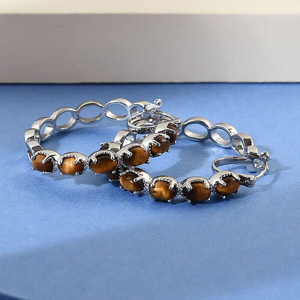 Shop Lc Karis Tiger's Eye 7.35 Ctw Hoop Earrings In Platinum Bond