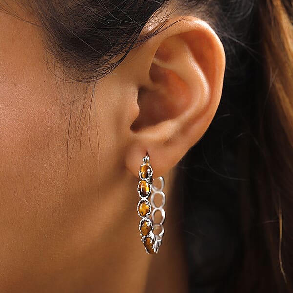 Shop Lc Karis Tiger's Eye 7.35 Ctw Hoop Earrings In Platinum Bond