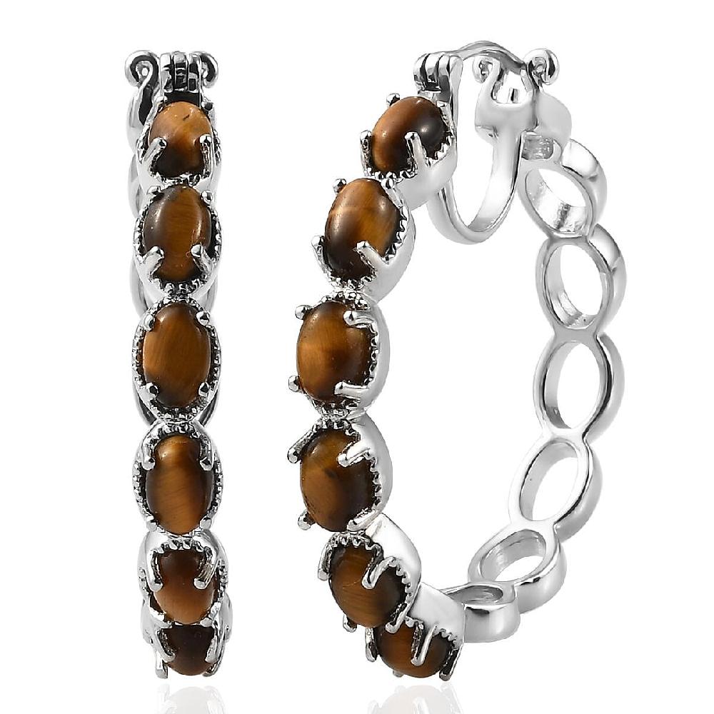 shop lc Karis Tiger's Eye 7.35 ctw Hoop Earrings in Platinum Bond