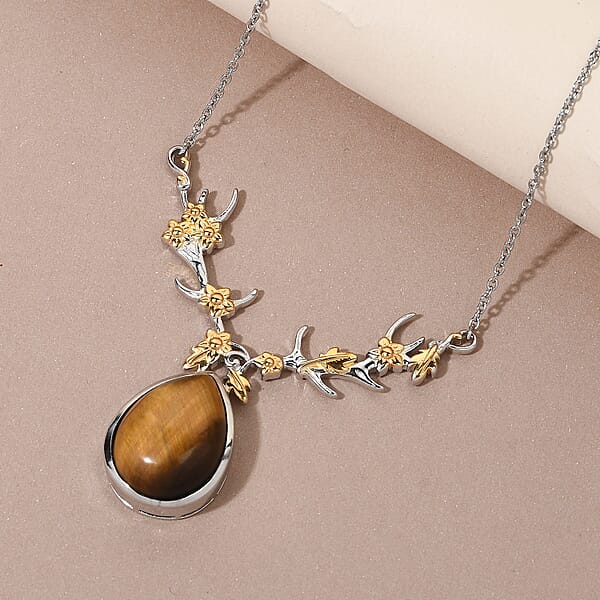 Shop Lc Karis Tiger's Eye Necklace 18 Inches In 18K YG Plated And Platinum Bond 14.65 Ctw