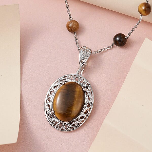 Shop Lc Karis Tiger's Eye Necklace (18 Inches) In Platinum Bond And Stainless Steel 16.75 Ctw Tarnish-Free Waterproof Sweat Proof Jewelry