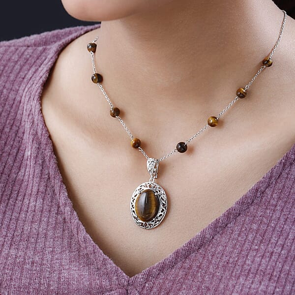 Shop Lc Karis Tiger's Eye Necklace (18 Inches) In Platinum Bond And Stainless Steel 16.75 Ctw Tarnish-Free Waterproof Sweat Proof Jewelry