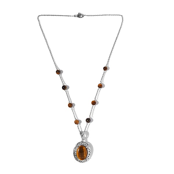 Shop Lc Karis Tiger's Eye Necklace (18 Inches) In Platinum Bond And Stainless Steel 16.75 Ctw Tarnish-Free Waterproof Sweat Proof Jewelry