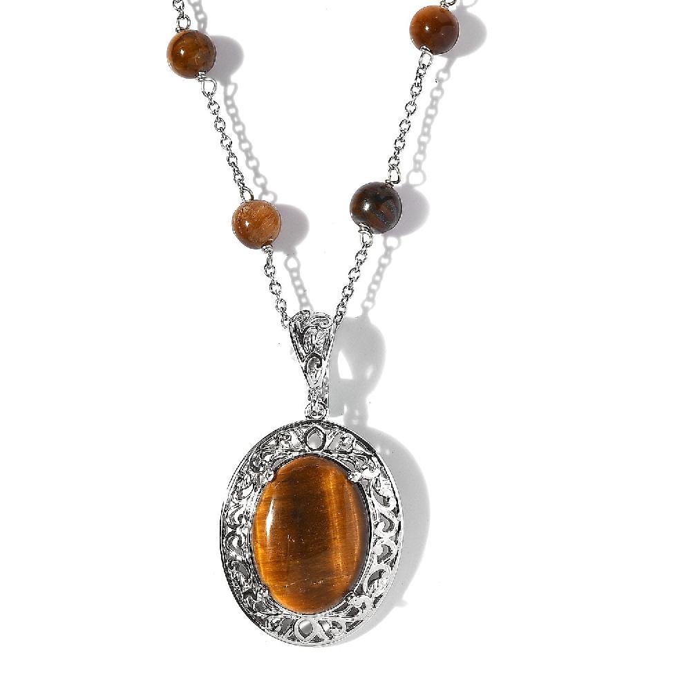 shop lc Karis Tiger's Eye Necklace (18 Inches) in Platinum Bond and Stainless Steel 16.75 ctw Tarnish-Free Waterproof Sweat Proof Jewelry