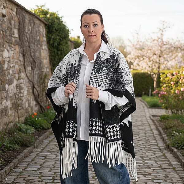 Shop Lc La Marey Beige With Blue Pattern Tassel Poncho