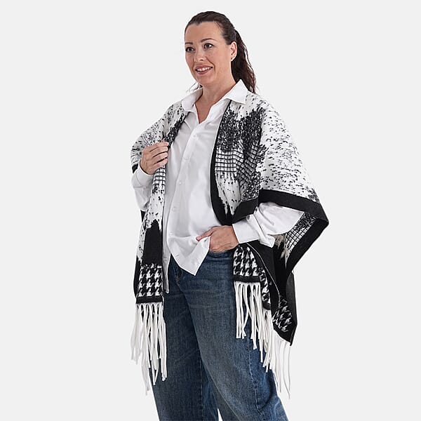 Shop Lc La Marey Beige With Blue Pattern Tassel Poncho