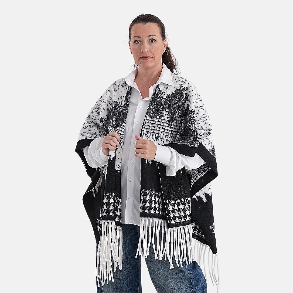 shop lc La Marey Beige with Blue Pattern Tassel Poncho