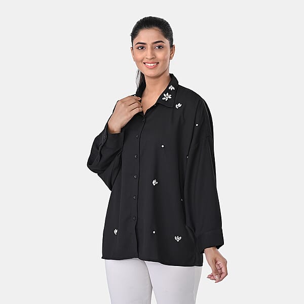 Shop Lc La Marey Black 3/4 Sleeve Blouse With Hand Sewn Jewels - One Size Fits Most