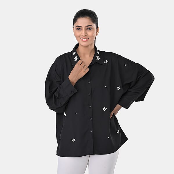 Shop Lc La Marey Black 3/4 Sleeve Blouse With Hand Sewn Jewels - One Size Fits Most