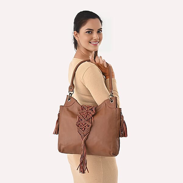 Shop Lc La Marey Brown Genuine Leather Macrame Flap Tote Bag
