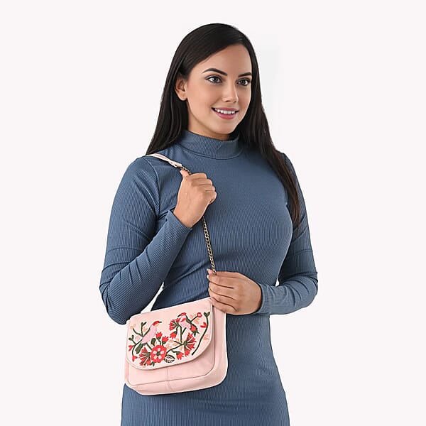 Shop Lc La Marey Light Pink Genuine Leather Sling Bag With Floral Embroidered Flap